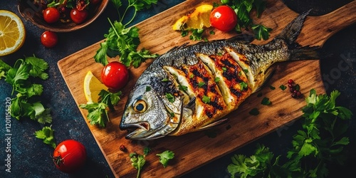 Grilled dorado fish on a wooden board surrounded by vibrant cherry tomatoes, lemon slices, and fresh green herbs against a dark background photo