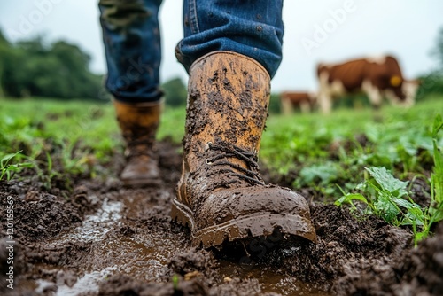 Muddy boots in a rural farming scene. photo