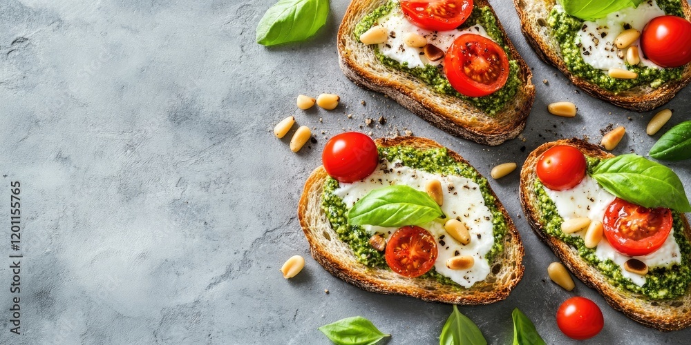 Toasted rye bread slices topped with soft cheese, cherry tomatoes, pine nuts, and pesto on a light grey slate background with fresh basil accents Toasted rye bread slices topped with soft cheese, cherry tomatoes, pine nuts, and pesto on a light grey slate background with fresh basil accents