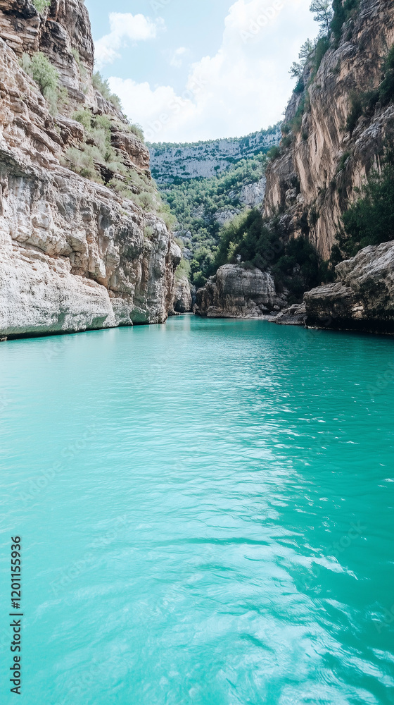 Serene Turquoise Gorge: A breathtaking view of a turquoise river cutting through a dramatic gorge, showcasing towering cliffs and lush greenery. The tranquil water reflects the vibrant sky above. Serene Turquoise Gorge: A breathtaking view of a turquoise river cutting through a dramatic gorge, showcasing towering cliffs and lush greenery. The tranquil water reflects the vibrant sky above.