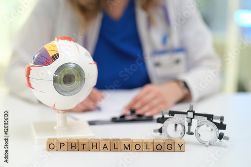 A model eye and visual testing tools highlight the complex field of ophthalmology in a clinical setting