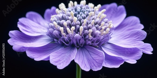 Vibrant purple Scabiosa columbaria flower with intricate white petal accents set against a black background showcasing nature's elegance and detail. photo