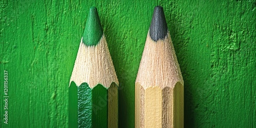 Green pencil and dull wooden pencil side by side on textured green background with sharp green tip contrasting with dull wood texture of other pencil.