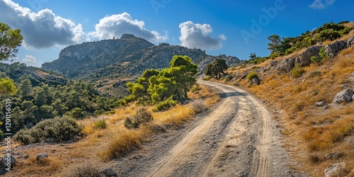 Scenic sandy country road winding through dry grass and rocky terrain leading towards Attavyros mountain peak under a blue sky with clouds photo