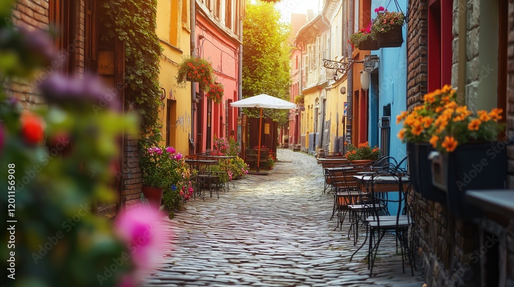 A picturesque street lined with colorful buildings. A picturesque street lined with colorful buildings.