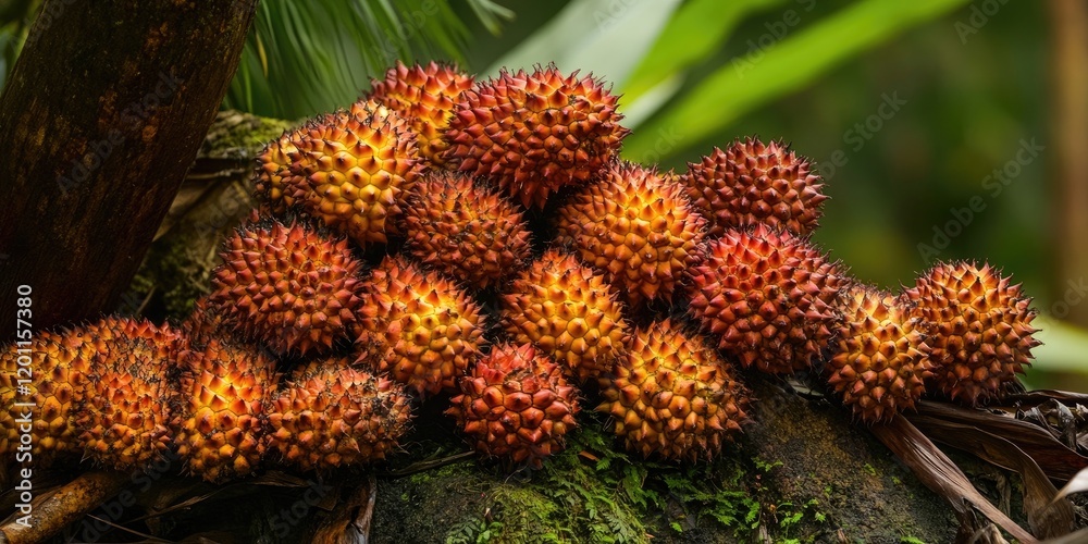 Vibrant clusters of salak fruit with reddish-brown spiky skin arranged on a rocky surface surrounded by lush green palm leaves in bright daylight. Vibrant clusters of salak fruit with reddish-brown spiky skin arranged on a rocky surface surrounded by lush green palm leaves in bright daylight.