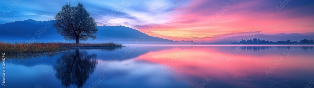 Fototapeta premium Serene sunset over tranquil lake with reflections.