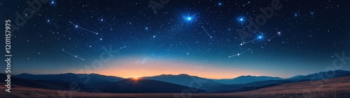 Starlit night sky over tranquil mountain range.
