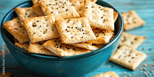 Bowl of saltine crackers with black and white sesame seeds against a turquoise wood background featuring inviting teal and blue tones. photo