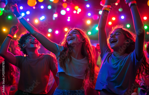 Joyful teenagers are immersed in the energy of a music festival, dancing enthusiastically as colorful lights create a lively atmosphere around them. The moment captures their carefree exuberance photo