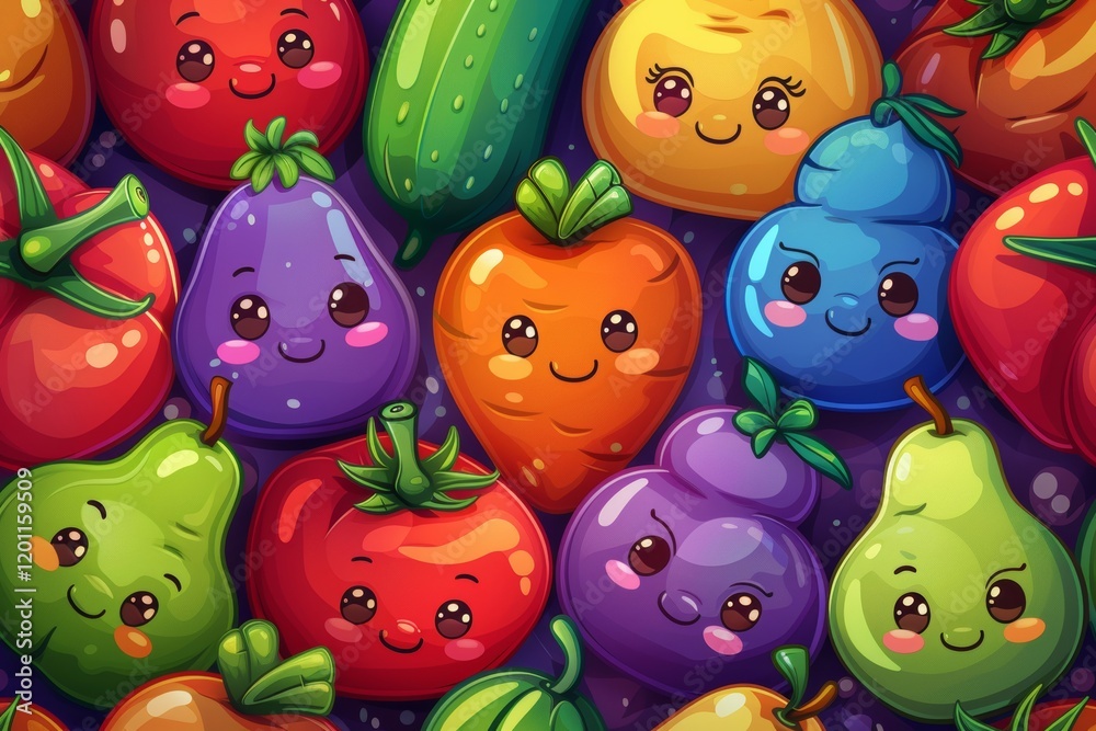 Happy harvest: carrots, pears, apples, and tomatoes in cartoon composition Happy harvest: carrots, pears, apples, and tomatoes in cartoon composition