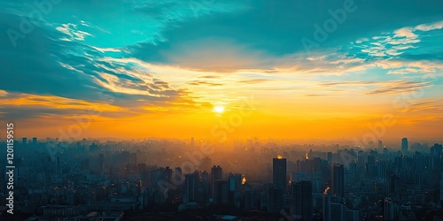 Vibrant city skyline silhouettes against a dramatic cobalt blue and orange sunrise sky with bright yellow clouds and distant urban outlines photo