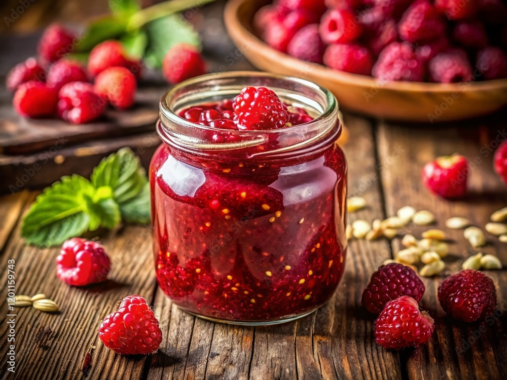 Homemade Raspberry Jam: Close-Up Shot with Shallow Depth of Field, Focus on Texture and Color Homemade Raspberry Jam: Close-Up Shot with Shallow Depth of Field, Focus on Texture and Color