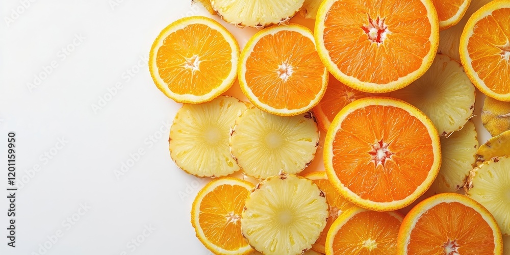 Fototapeta premium Sliced orange and pineapple fruit salad arranged on a white background with ample negative space for text, vibrant orange and yellow hues.