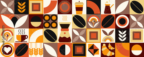 Abstract geometric pattern of coffee and cocoa. Mosaic style.  Contains icon designs for coffee, tea and chocolate.