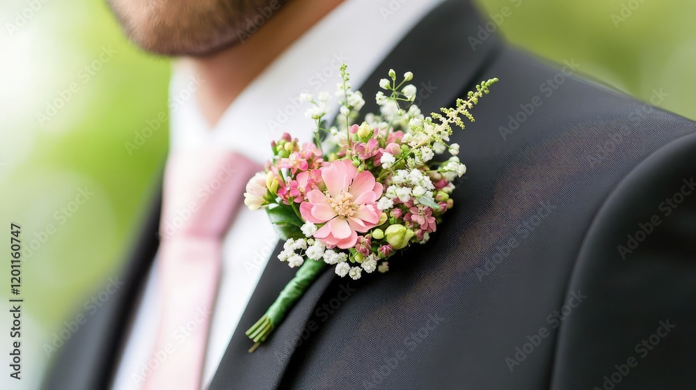 Wedding reception idea. Close-up of a man's lapel flower arrangement for formal occasions. Wedding reception idea. Close-up of a man's lapel flower arrangement for formal occasions.