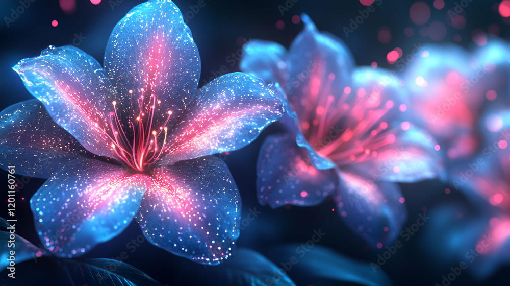 Fototapeta premium Luminous Blue And Pink Flowers Glowing In The Dark