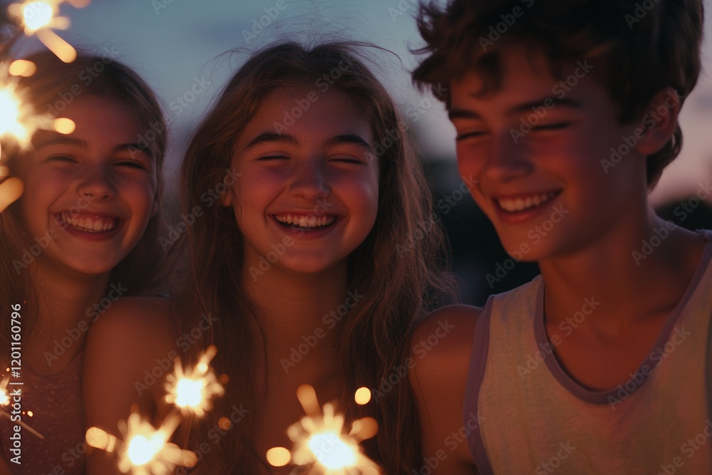 Fototapeta premium Three teenagers are joyfully holding sparklers, their faces illuminated by the glowing lights as they laugh together on a warm summer evening, creating lasting memories