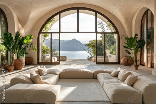 Luxurious villa living room, lake view, calm interior, sunlight, relaxation.