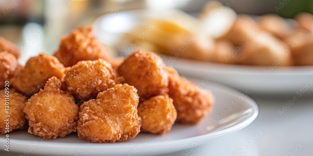 Golden crispy chicken nuggets arranged prominently on a white plate with blurred snacks in soft focus in the background and warm colors. Golden crispy chicken nuggets arranged prominently on a white plate with blurred snacks in soft focus in the background and warm colors.