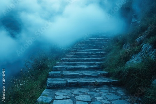 Misty stairs leading into a tranquil landscape