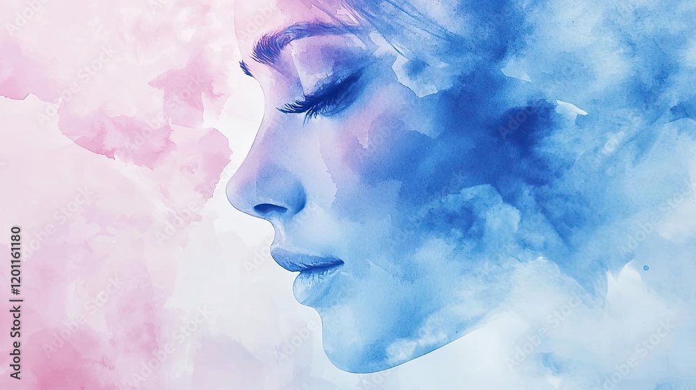 Fototapeta premium Candy watercolor concept. A tranquil portrait depicting a silhouette blended with soft watercolor tones.