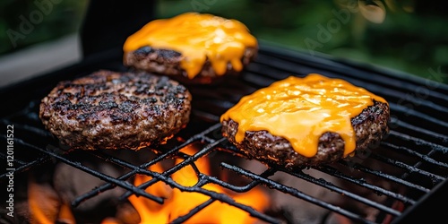 Fresh burger patties with melted cheddar cheese sizzling on a barbecue grill surrounded by flames in a vibrant outdoor setting.