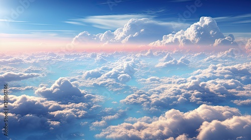 A breathtaking view of fluffy white clouds and blue sky seen from an airplane window at sunrise