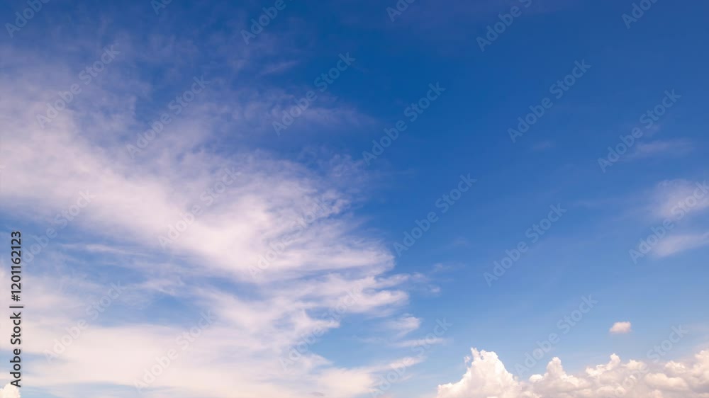 Captivating timelapse stock video of clear blue skies,Panoramic view of clear blue sky and clouds, Blue sky background with tiny clouds. White fluffy clouds in the blue sky.

