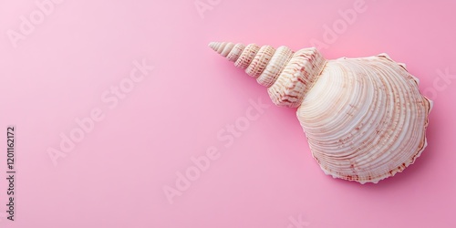 Close-up of a conch seashell positioned on the right side of a soft pink background with subtle shadows and a travel theme aesthetic. photo