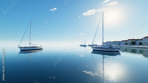 Calm Sea with Sailboats at Harbor
