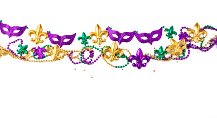 A garland of beads and masks hangs on a white background. Mardi Gras decor