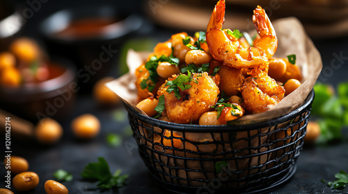 Brazilian Acaraje fried black-eyed pea fritters, filled with vatapa and shrimp, served with chili sauce in a lively market setting, [South American street food, bold vibrancy] photo