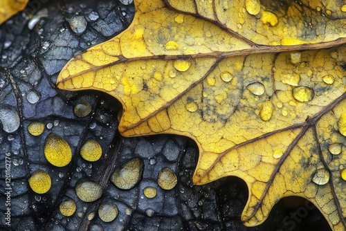 A high-definition close-up of oak leaves turning yellow, with dewdrops reflecting the morning sunlight.