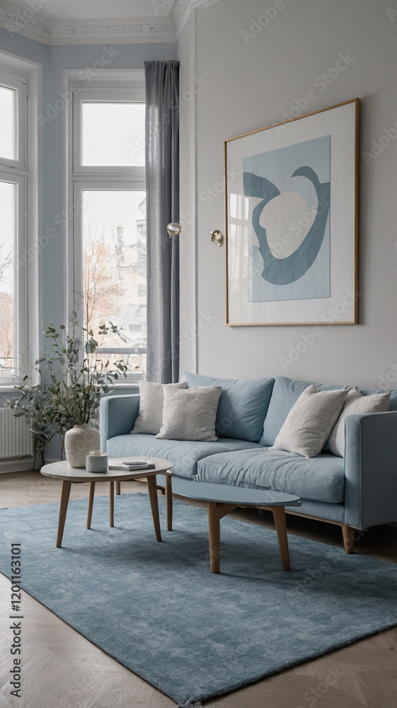 Fototapeta premium Elegant Pastel Blue Scandinavian Living Room with Fluffy Sofa Soft Couch and Clean Simple Interior Design Interior Design Inspiration