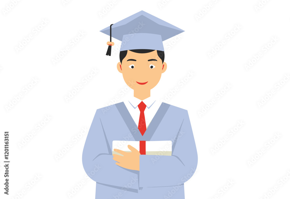 Minimalist Graduation Design: Flat Vector Illustration of Young Man in Gown with Diploma, Isolated on White. Featuring Blue Cap, Red Tie, and Simple Shapes. Perfect for Education, Graphic Design, Minimalist Graduation Design: Flat Vector Illustration of Young Man in Gown with Diploma, Isolated on White. Featuring Blue Cap, Red Tie, and Simple Shapes. Perfect for Education, Graphic Design,