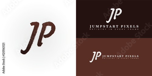 The artistic and expressive logo design features JP's initials in a dynamic hand-drawn style. The logo is ideal for photography studios, freelance photographers, and creative professionals business