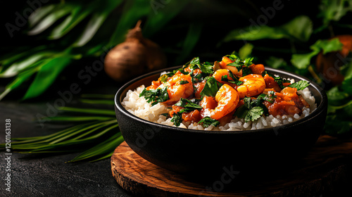 Brazilian Bobo de Camarao shrimp and manioc stew, styled with rice and garnished with cilantro in a tropical backdrop, [South American seafood, exotic flair] photo