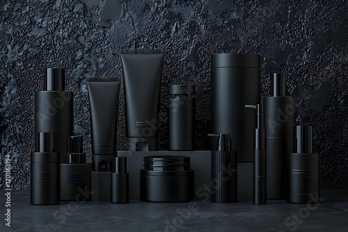 A black male grooming product collection, showcasing a variety of sleek bottles and tubes against a modern background. photo