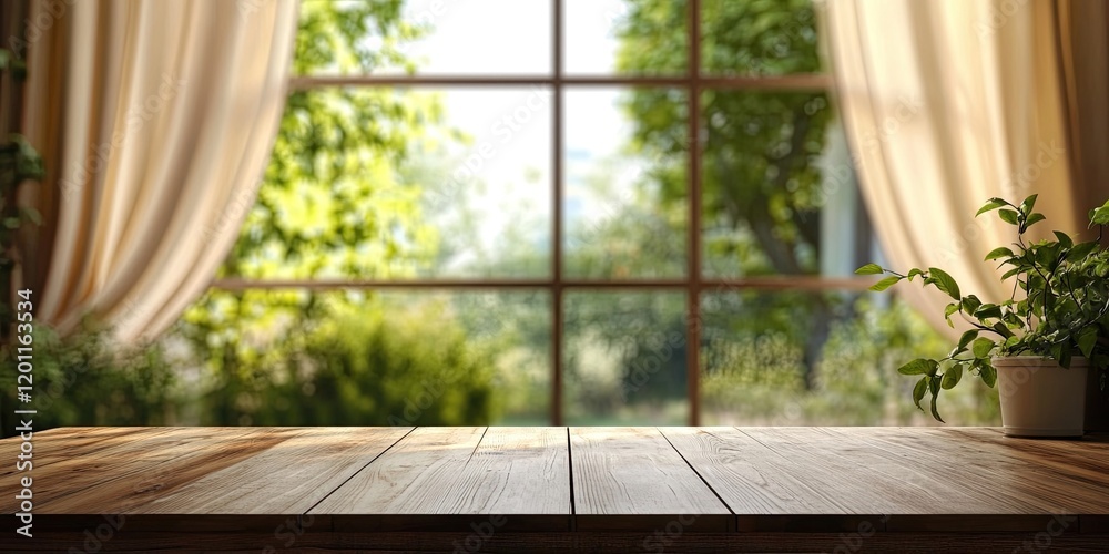 Empty wooden tabletop in foreground, green plants in white pot, blurred curtains and window view with greenery, warm natural light. Empty wooden tabletop in foreground, green plants in white pot, blurred curtains and window view with greenery, warm natural light.