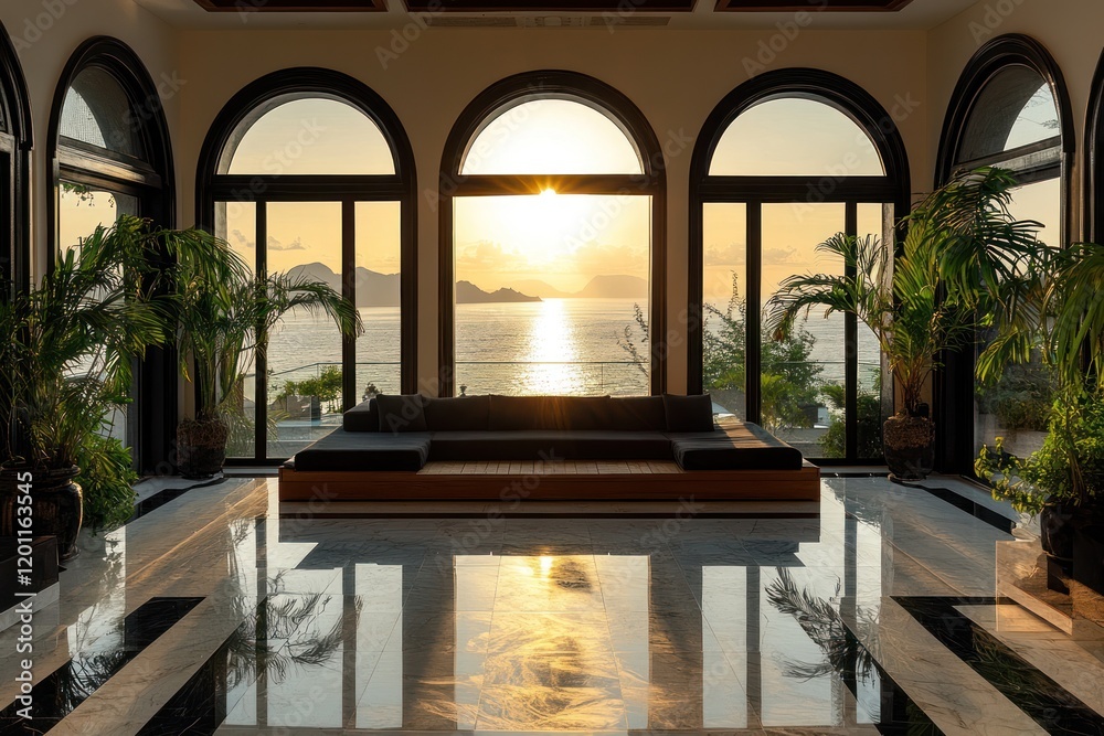 Fototapeta premium Sunrise ocean view luxury villa lobby lounge.