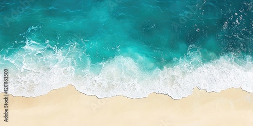 Aerial view of a tranquil turquoise beach with gentle waves lapping at a sandy shore featuring ample negative space for text placement.