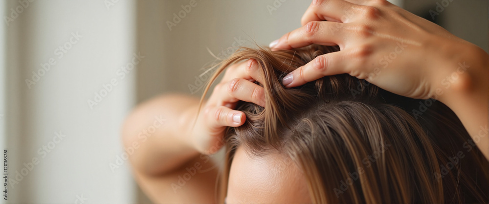 Naklejka premium Woman examining hair loss with gentle touch, self-care awareness