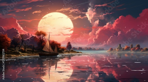 A tranquil seascape with a sailboat at sunset beneath a sky full of pink clouds