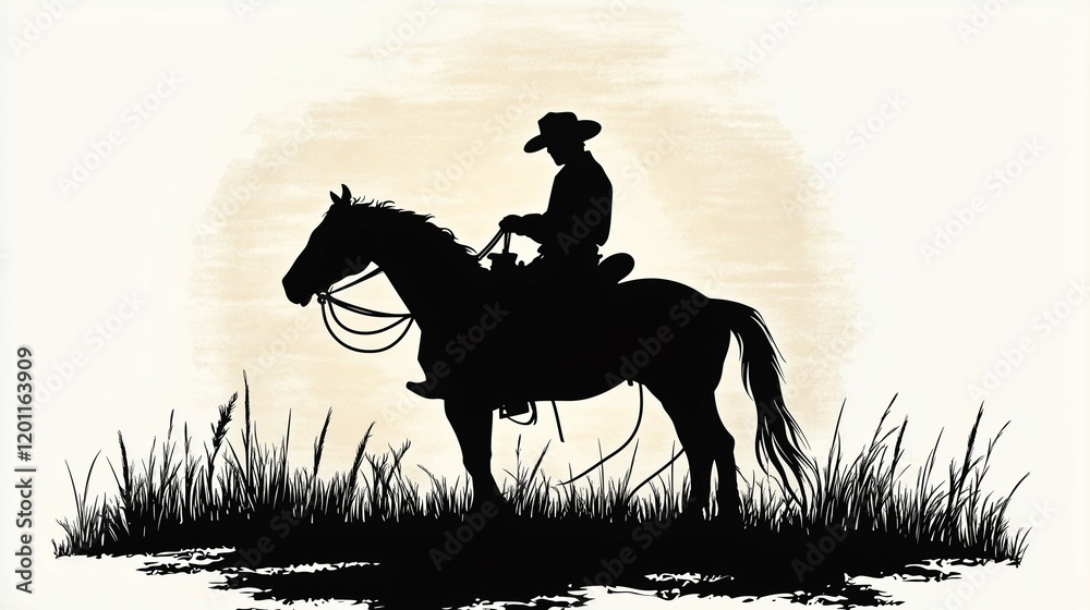 Naklejka premium silhouette of rodeo cowboy on horse with grass isolated on white background 