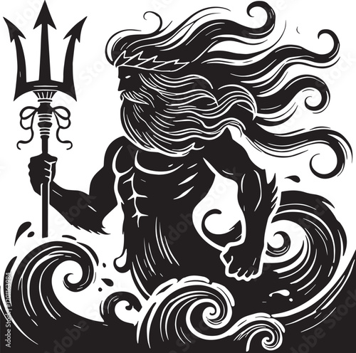 Black Color Greek Mythic Sea God Poseidon Silhouette Vector Illustration, Solid White Background