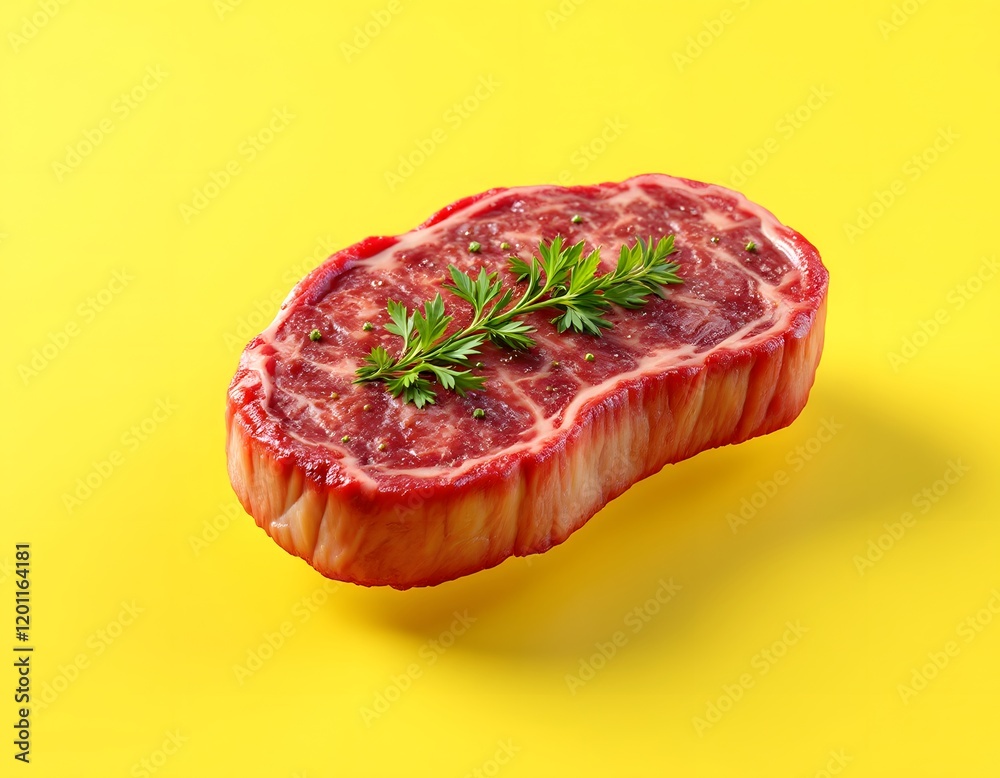 Juicy Ribeye Steak Garnish with Herbs on Yellow Background Juicy Ribeye Steak Garnish with Herbs on Yellow Background