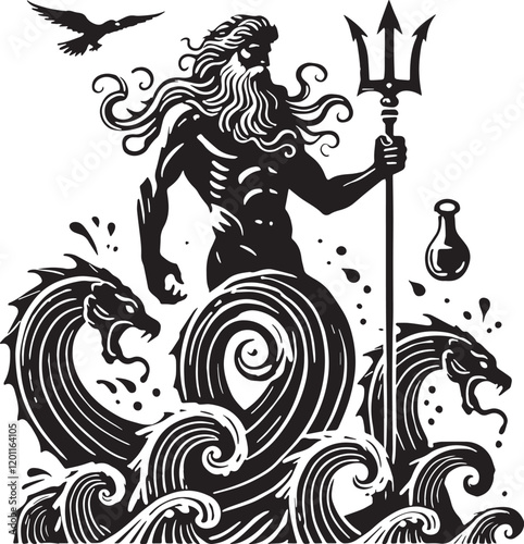 Black Color Greek Mythic Sea God Poseidon Silhouette Vector Illustration, Solid White Background