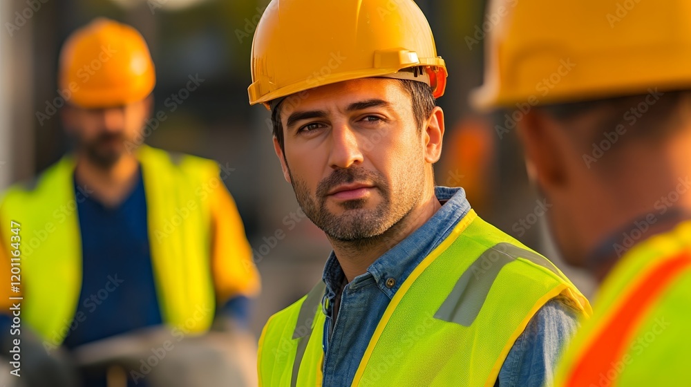 A group of construction workers in safety gear discussing a project on-site. A group of construction workers in safety gear discussing a project on-site.