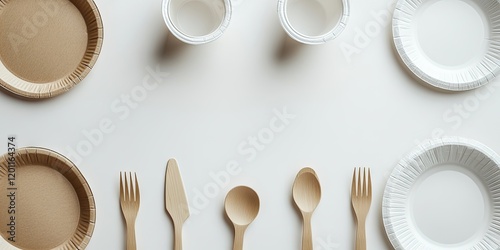 Eco-friendly disposable tableware arranged on a light white background featuring brown and white plates, cups, and wooden utensils in a top view layout. photo